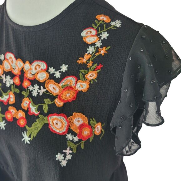 Shein Black Floral Embroidery Mesh Top Shirt Ruffle Sleeve  Blouse Size Small - Picture 3 of 8